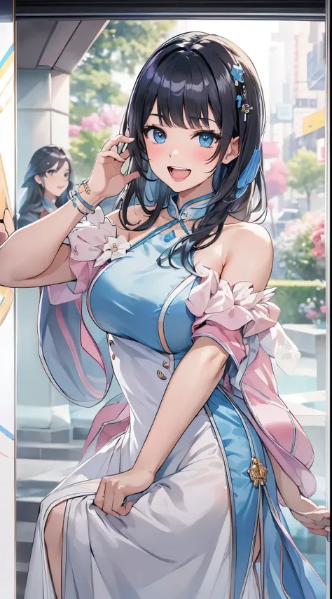 1womanl,Black hair,14years ,(()),Beautiful breasts,(((sexy white and blue shiny cheongsam)))(())(((Blushing cheeks、Smile with open mouth)),(((Satin Narico))),((( portlate))),Crowds,white and blue cheongsam