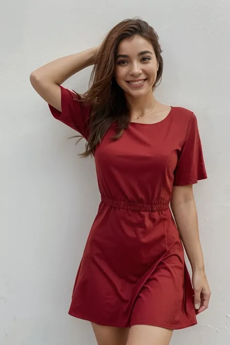 la foto con el vestido rojo, pero ahora sonriendo y con el pelo mas claro