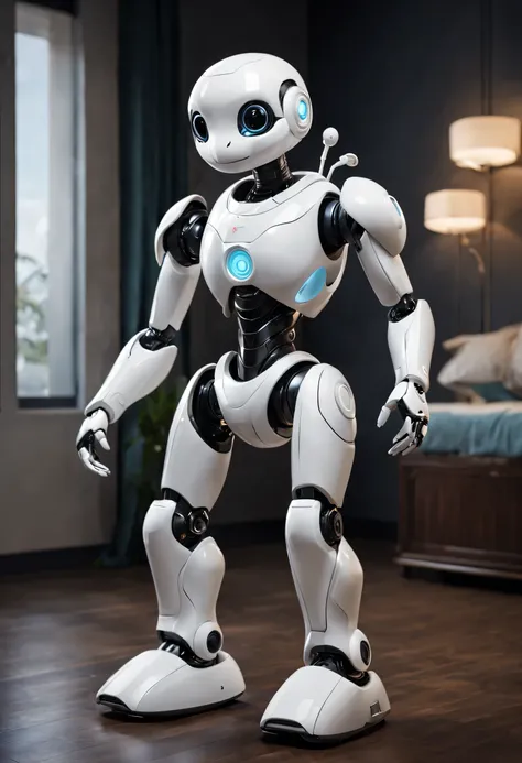 in a future world, (The robot butler is feeding the baby), The design of the robot butler is both fashionable and approachable,(Her head is equipped with a high-definition analog facial display), Ability to display a warm and friendly smile. The head is al...