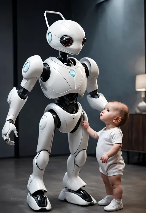 in a future world, （The robot butler is feeding the baby）， The design of the robot butler is both fashionable and approachable，（Her head is equipped with a high-definition analog facial display）, Ability to display a warm and friendly smile. The head is al...