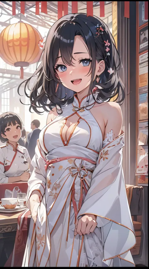 1womanl,Black hair,14years ,(()),Beautiful breasts,(((sexy white shiny cheongsam)))(())(((Blushing cheeks、Smile with open mouth)),(((Satin Narico))),((( portlate))),Crowds,white ceramic dress