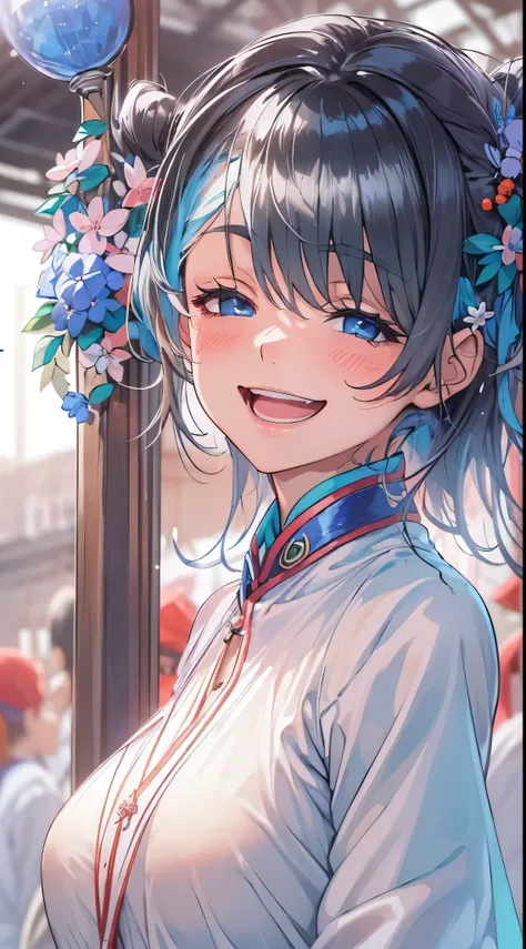 1womanl,Black hair,14years ,(()),Beautiful breasts,(((sexy white and blue shiny cheongsam)))(())(((Blushing cheeks、Smile with open mouth)),(((Satin Narico))),((( portlate))),Crowds,white and blue cheongsam