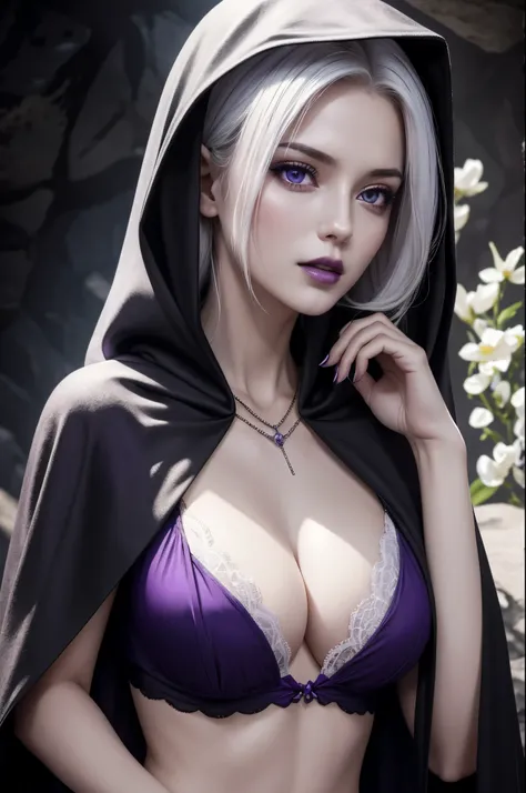 8k,A hyper-realistic,(masutepiece, Best Quality) Daniela Dimitresc, 1womanl, white  hair,Looking at Viewer, Open mouth, Blonde hair, Background, cleavage, real looking skin,Jewelry, medium small breasts, Underwear, Looking, Upper body, flower,black wings, ...