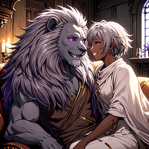 An Masterpiece image of a couple from Final fantasy 14, (Medium-shot, Side-View), ((a Furry-Lion-Man, smile, gray skin, short gray hair, and lavender eyes)), Woman with short white hair, brown skin, and lavender eyes. They are seated on a sofa. (Both are l...