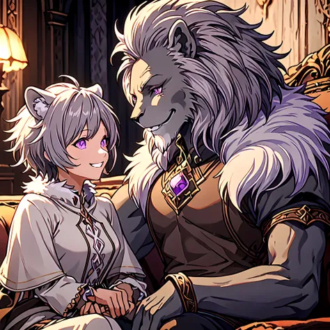 An Masterpiece image of a couple from Final fantasy 14, (Medium-shot, Side-View), ((a Furry-Lion-Man, smile, gray skin, short gray hair, and lavender eyes)), Woman with short white hair, brown skin, and lavender eyes. They are seated on a sofa. (Both are l...