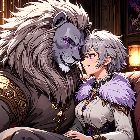 an masterpiece image of a couple from final fantasy 14, (medium-shot, side-view), ((a furry-lion-man, smile, gray skin, short gr...