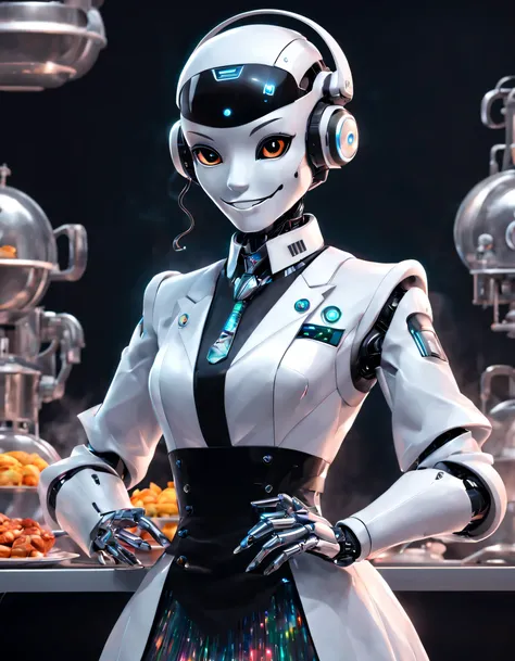 （The robot butler is cooking happily），The head is equipped with a high-definition analog face display，Warm and friendly smile,Wearing a holographic white butler uniform skirt suit，Future character design，sci-fy，Black technology，3D ，cyber punk personage，