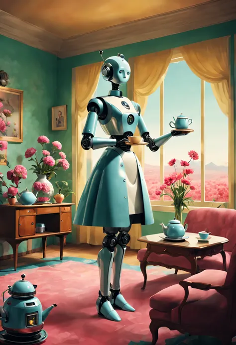 Retro-Future: Robot butler in retro dress makes tea in surreal living room，There are strange flowers in the living room