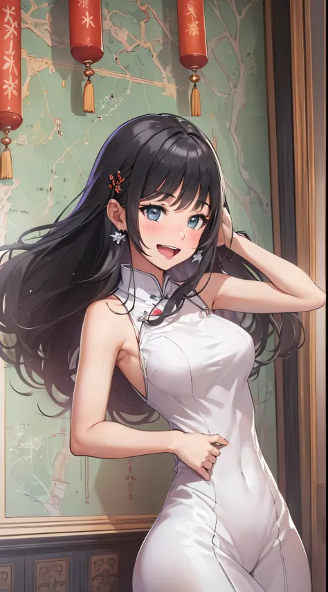 1womanl,Black hair,14years ,(()),Beautiful breasts,(((sexy white shiny cheongsam)))(())(((Blushing cheeks、Smile with open mouth)),(((Satin Narico))),((( portlate))),Crowds,white ceramic dress