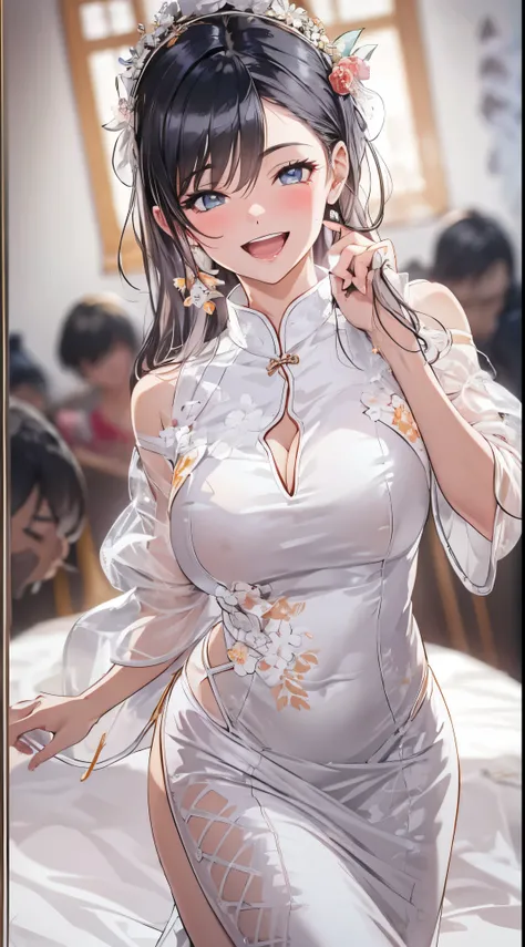 1womanl,Black hair,14years ,(()),Beautiful breasts,(((sexy white shiny cheongsam)))(())(((Blushing cheeks、Smile with open mouth)),(((Satin Narico))),((( portlate))),Crowds,white ceramic dress