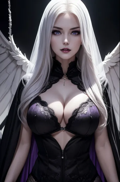 8k,A hyper-realistic,(masutepiece, Best Quality) Daniela Dimitresc, 1womanl, white  hair,Looking at Viewer, 開いた口からShow fangs, Blonde hair, Background, cleavage, real looking skin,Jewelry, very large breast, Underwear, Looking, Upper body, flower,black wing...