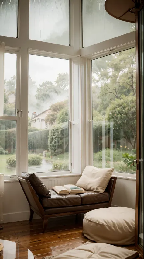 Cozy Reading Nook: A cozy corner with a book, a cup of tea, and a rain-soaked window in the background, creating a perfect setting for relaxation in the luxury room.