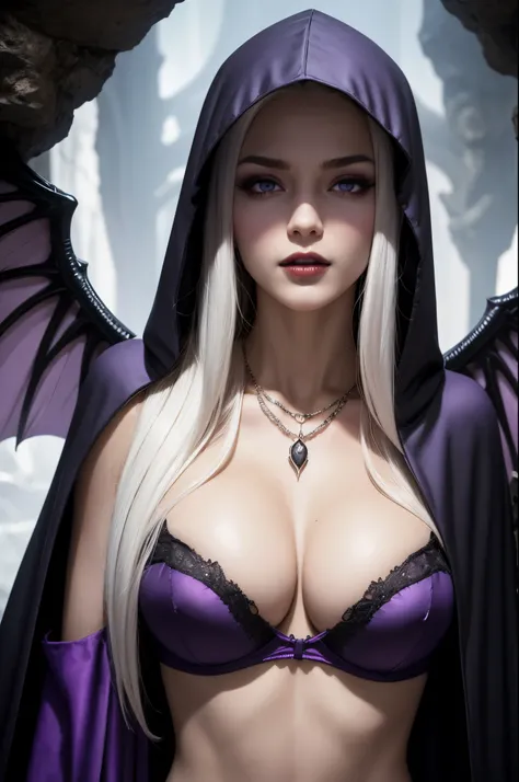 8k,A hyper-realistic,(masutepiece, Best Quality) Daniela Dimitresc, 1womanl, white  hair,Looking at Viewer, 開いた口からShow fangs, Blonde hair, Background, cleavage, real looking skin,Jewelry, very large breast, Underwear, Looking, Upper body, flower,black wing...