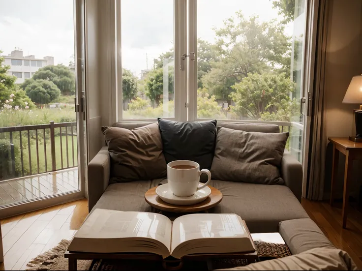 Cozy Reading Nook: A cozy corner with a book, a cup of tea, and a rain-soaked window in the background, creating a perfect setting for relaxation.