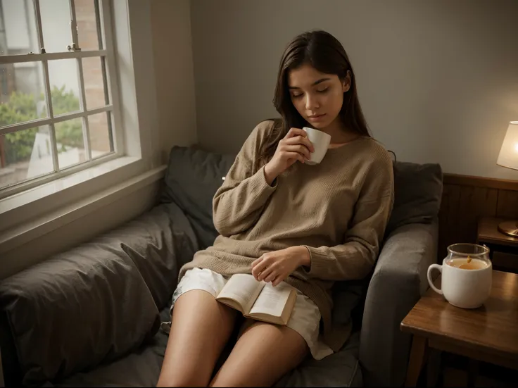 Cozy Reading Nook: A cozy corner with a book, a cup of tea, and a rain-soaked window in the background, creating a perfect setting for relaxation.