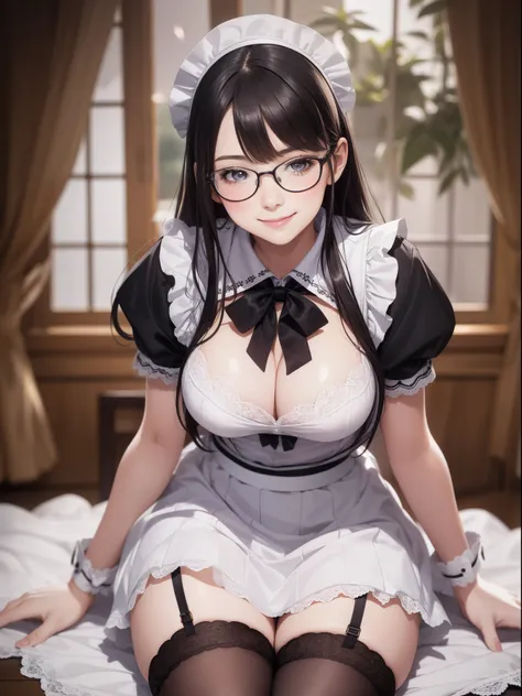 Top Quality, 10 year old beautiful girl, three, photo, realistic, full body, intricate details, maid, ((Sailor Color))), white lace apron, black skirt, petticoat, stockings, detailed face, perfect skin, smiling with sexual expression, glasses, (huge breast...