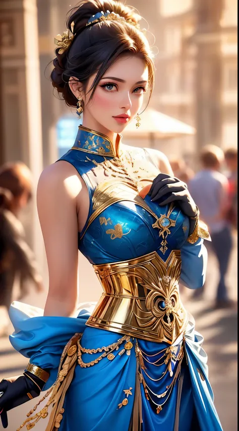 A beautiful princess in a blue and gold Corset and suit, majestic look, extremely detailed artgerm, artgerm. high detail, artgerm detailed, style artgerm, artgerm style, in style of artgerm, samira from league of legends, cinematic goddess body shot, style...