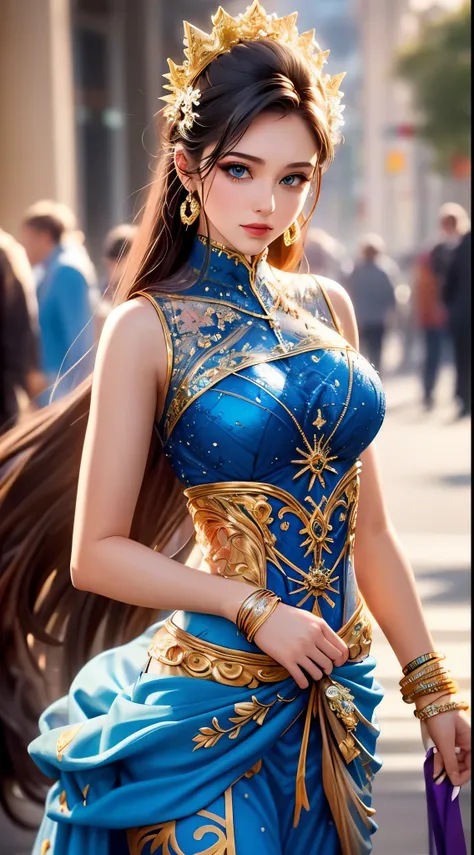 A beautiful princess in a blue and gold Corset and suit, majestic look, extremely detailed artgerm, artgerm. high detail, artgerm detailed, style artgerm, artgerm style, in style of artgerm, samira from league of legends, cinematic goddess body shot, style...