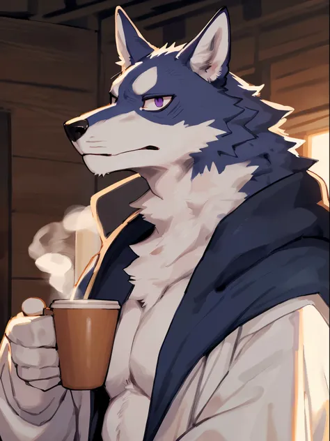 ((By Bebebebebe, by Zackary911, by K0BIT0WANI, by SpiritD, best quality, masterpiece, perfect anatomy, detailed picture)), 1male, skinny muscular, adult, wolf, dark blue furs, tail, dark purple eyes, focus in face, serious, sheepskin coat, drink coffee