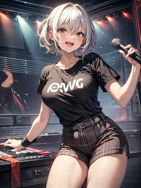 top-quality、Full limbs、complete fingers、Slender beauty、a 25yo woman、(Silver-haired woman)、short-hair、Beautiful Large Breasts、((Black short-sleeved T-shirt:1.1))、((red and black plaid shorts:1.2))、Black High Socks、A big smile、karaoke room、Singing