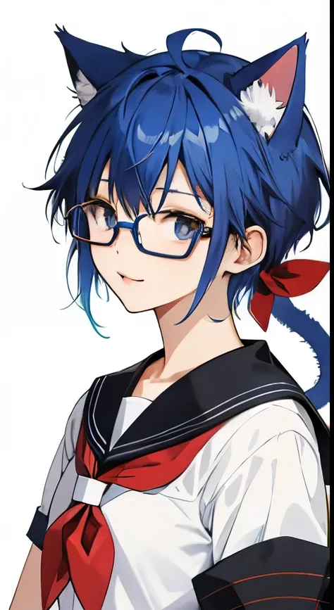 High school students、Blue-haired、cat ear、Round glasses、cute little　a beauty girl、もう少し薄いBlue-haired、Put purple mesh in your hair、The color of the sailor suit is black、The sailor suit has a ribbon and is red.、Middle short、Hair is a little shorter、Yurucamp st...