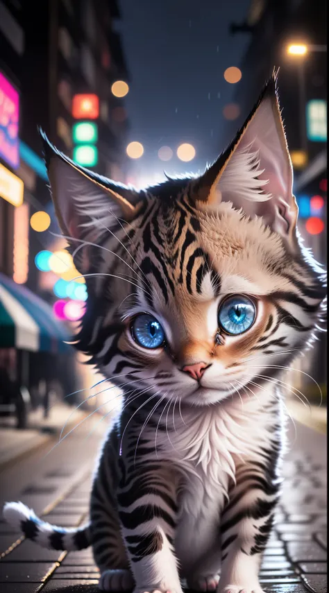 Little baby cute cat,Cute kitten in the dark night,blue eyes glow, In neon city street,high qulity,A high resolution,deep dark background