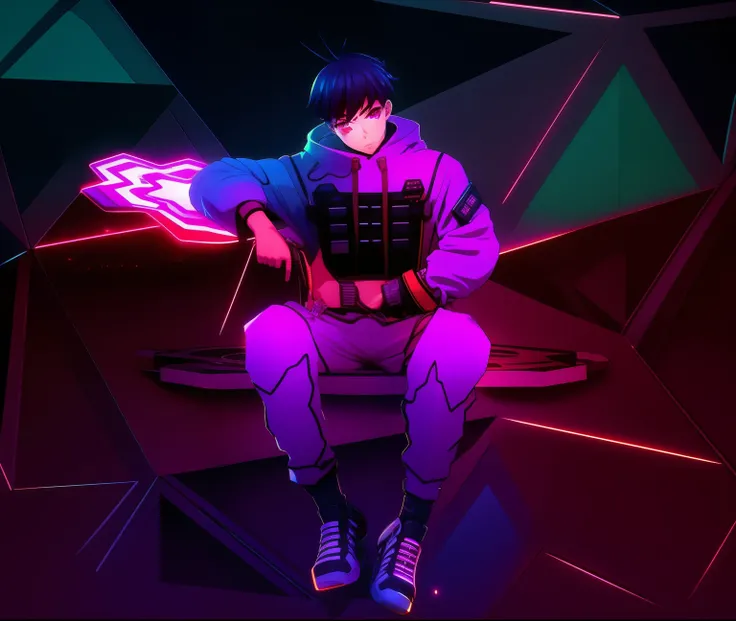 personagem de anime sentado em uma cadeira com fundo roxo, badass anime 8 k, Gatilho Estilo de Arte de Anime, estilo cyber universe, estilo anime 4 k, arte digital do anime cyberpunk, Cybernetic style, estilo animed 3d, pose de anime bonito, hero pose colo...