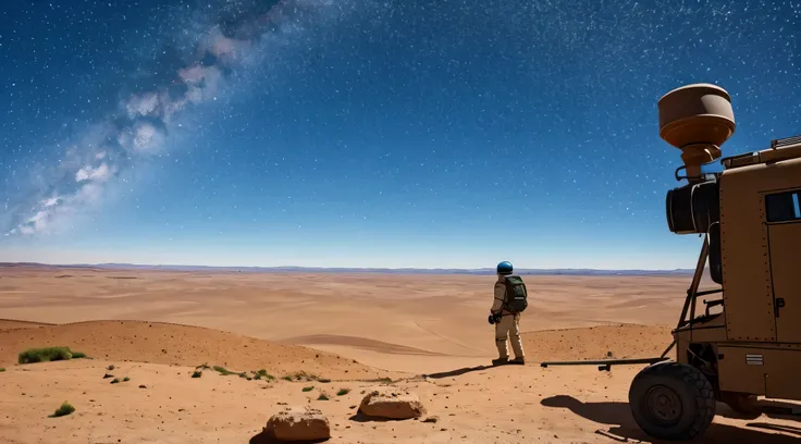 astronauta de espaldas mirando un mapa perdido en medio del desierto. camino largo, desierto, sol ardiente, desierto inmenso, so...