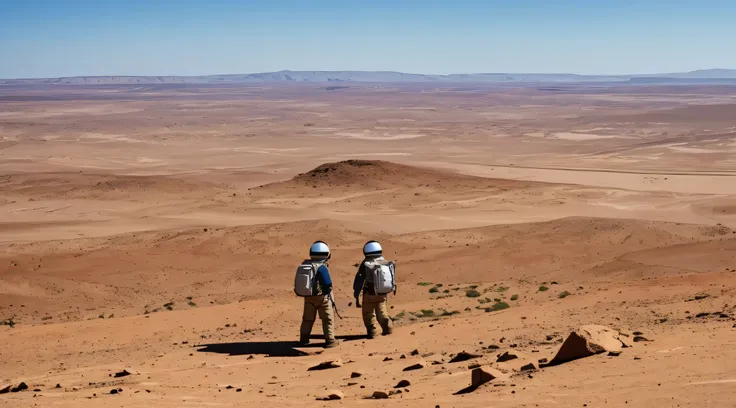 astronauta de espaldas mirando un mapa perdido en medio del desierto. camino largo, desierto, sol ardiente, desierto inmenso, soledad