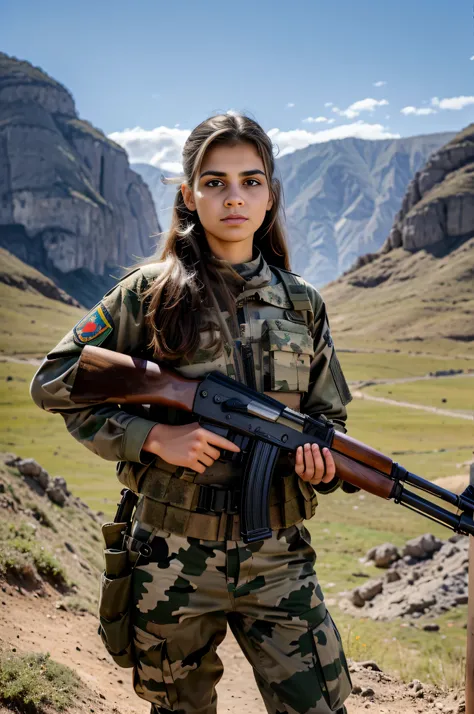 masterpiece, a 20 years old beautiful arafed woman in a military uniform holding an ak47 rifle, chestnut hair, green eyes, slend...