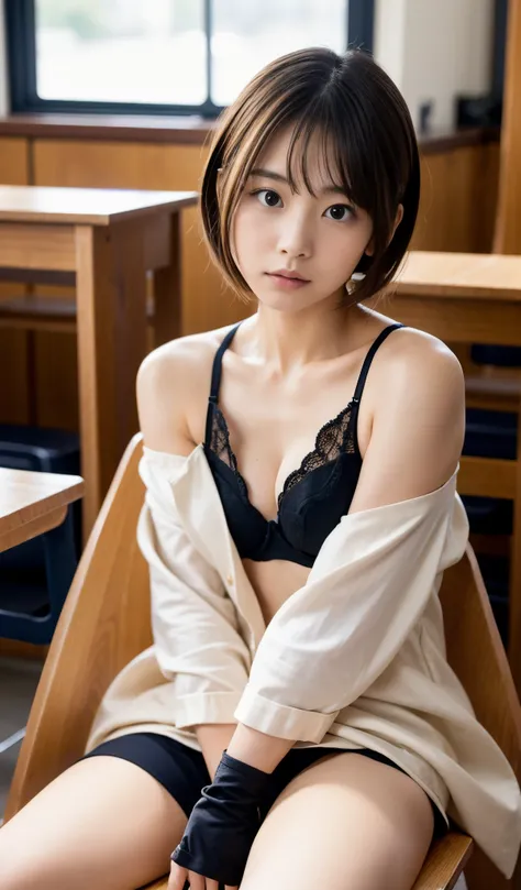 8K、Top image quality、​masterpiece、Winters、Japanese high school girl meets her friends in the classroom、Straight face、Shorthair、a blond、silk black underwear、A detailed eye、facial close-up、profile