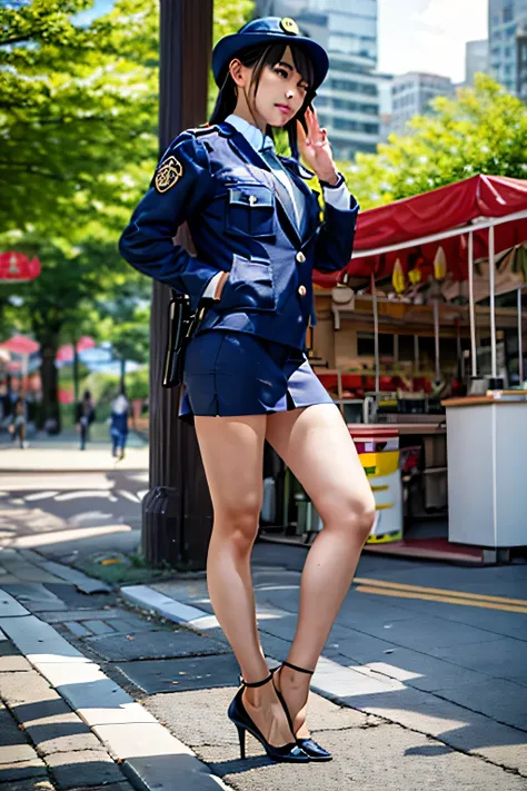 female police officer、tight skirt leather loose tie、panthyhose、high-heels