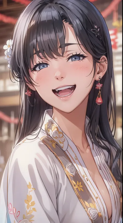 1womanl,black hair,14years ,(()),beautiful breasts,(((sexy white shiny cheongsam)))(())(((blushing cheeks、smile with open mouth)...