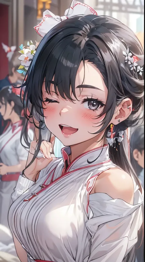 1womanl,Black hair,14years ,(()),Beautiful breasts,(((sexy white shiny cheongsam)))(())(((Blushing cheeks、Smile with open mouth)),(((Satin Narico))),((( portlate))),Crowds,White china clothes