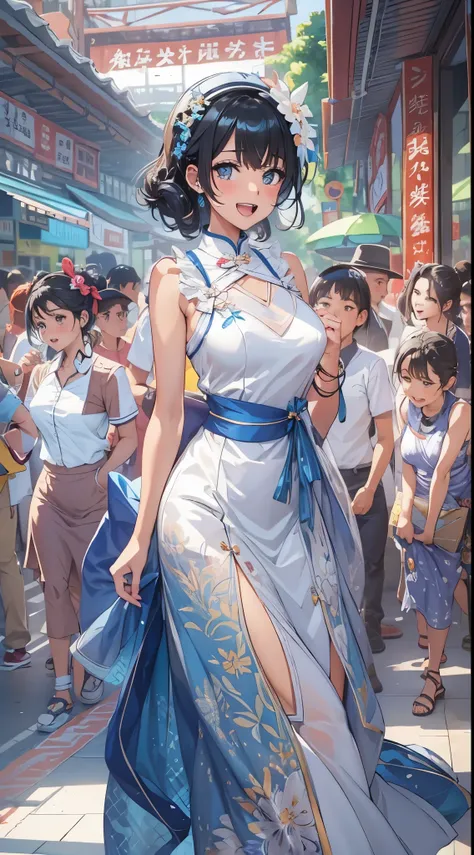 1womanl,black hair,14years ,(()),beautiful breasts,(((sexy white and blue shiny cheongsam)))(())(((blushing cheeks、smile with op...