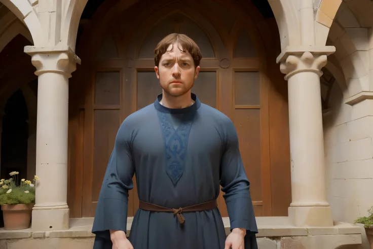 1144, Cherbourg, France. Otherworldly scene in a medieval monastery cloister, ((((35-year-old)) Richard Rankin)), monk, ((angry expression, frowning)), ((((plain tunic from the 12th century)))), ((Hairstyle of the 12th century)), ((Wes Anderson cinematic s...