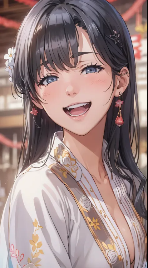 1womanl,Black hair,14years ,(()),Beautiful breasts,(((sexy white shiny cheongsam)))(())(((Blushing cheeks、Smile with open mouth)),(((Satin Narico))),((( portlate))),Crowds,white ceramic dress