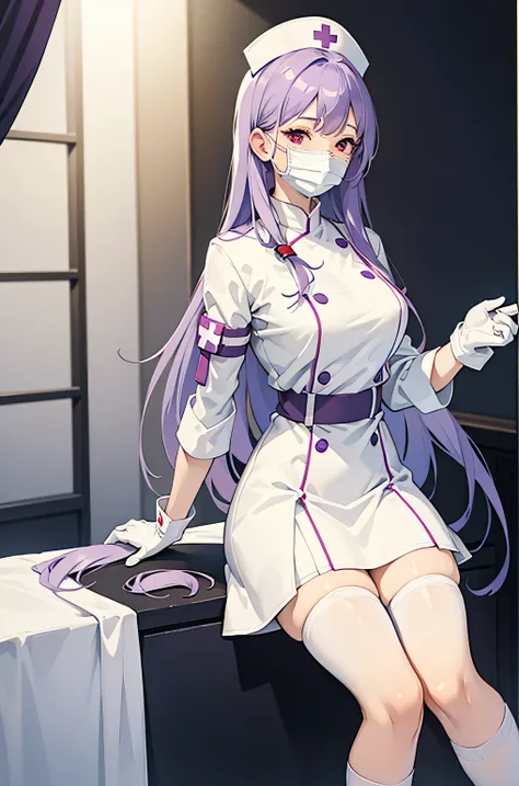 1woman, solo, nurse, nurse cap, white wear, ((white legwear, zettai ryouiki)), white gloves, long hair, purple hair, red eyes, ((white surgical mask, covered nose)), standing, ((hospital room)), sharp outline, short sleeves, mature female, 35 years old, be...