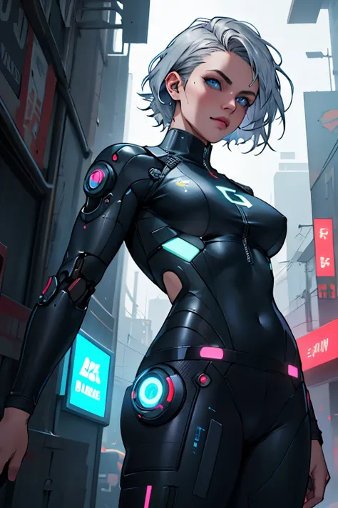 Cyberpunk woman + GTA 5 +  Incredibly detailed cyberpunk robot chrome body suit, A highly detailed futuristic atmosphere with short silver hair and blue eyes.，With many tessellation textures , 8k