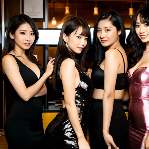 Alcohol bottles are lined up behind me.,Miss Cabaret,Four female clerks sitting, beautiful alluring female,doress,Erika Sawajiri and Haruka Ayase,Asian Women, Facing straight ahead, Japanese, Ayumi Hamasaki and Noriko Sakai, looking partly to the left, wit...