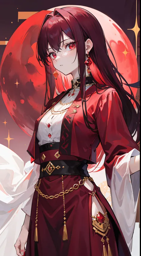 Red moon background，Relatively pale black-red hair and clothelack and reddish purple clothes，and gold jewelry，She is a very proud queen sister