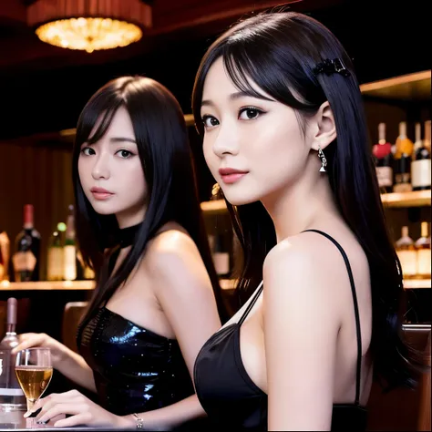 43 female employees sitting in a cabaret club with bottles of alcohol behind them, beautiful alluring female,doress,erika sawaji...