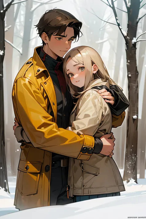 (winter, woods, зимний woods, Winter landscape) Handsome brunette 13 years old. (good face rendering), hugging a beautiful 13 year old blonde with gray eyes (good face rendering), wearing a dark yellow jacket.