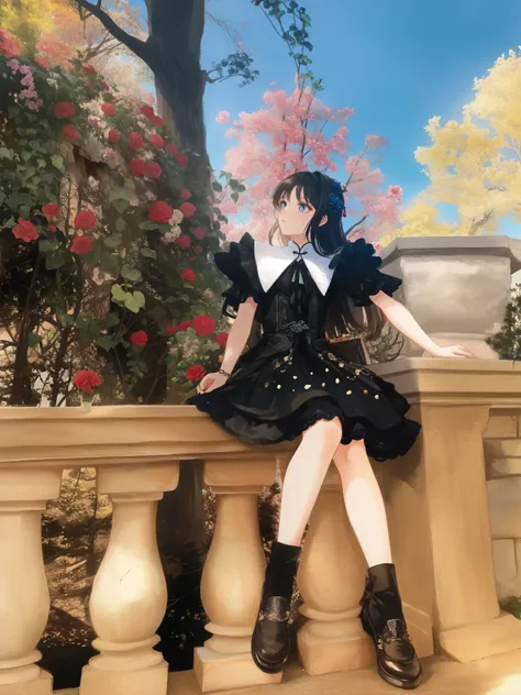 araffe sitting on a stone wall with a vase in the background, profile pic, vine dress, with flowers, album art, full body xianxia, profile image, profile picture, black gothic lolita dress, lady with glowing flowers dress, tumblr, sha xi, profile photo, xi...