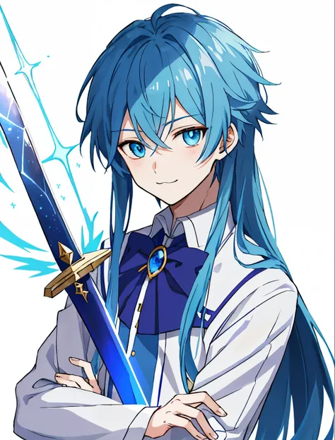 An anime character with blue hair and a white and blue dress is holding a sword, sparkling magical boy,White High Heels, Inspired, magic aura, Cute:2, celestial aura, he has dark blue hair!!!, portrait of magical boy, sapphire prince, Blue-eyed boy, magica...