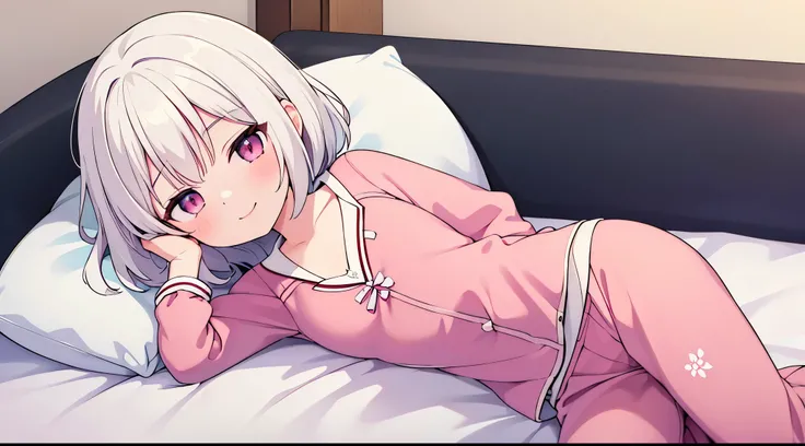 (masterpiece),(Top image quality),hight resolution,(Dainty and cute),(ighly detailed), 1girl, 独奏,illustratio,Fantasia,short,white hair,perm,s Pajamas,Pink eyes,Smaller chest,a smile,Background through,on the beds