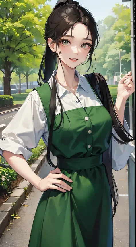 One lady、Black hair ponytail、forehead、Show your teeth and smile、发光、leader、The protagonist、Wear green clothes、ENFJ、simple background、Long green dress、Shirt dress、in woods