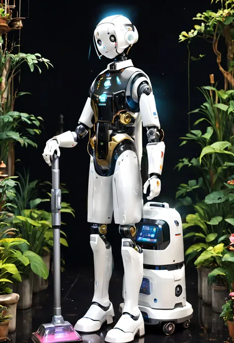 qingdao chitose style, retro-future, robot butler in retro clothes mops the floor, the head is equipped with a high-definition a...