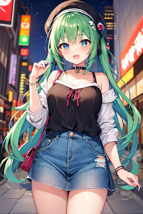 ​masterpiece、Top image quality、超A high resolution、miku hatsune、blue hairs、Twin-tailed、Blushing、mock、Open your mouth just a little、dressed casually、casual miniskirt、wearing a casual beret、Skyscraper、Japan、Night time