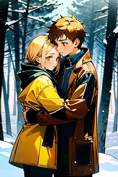 Winter landscape, Winter Forest, winter, snowfall. Beautiful blonde 13 years old., dressed in a yellow-brown jacket and a brown-eyed brunette boy of 13 years old., in a dark blue jacket, hugging each other